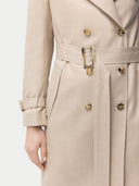 Women's Double Breasted Cashmere Trench Coat Warm Grey worn by model detail view on white background