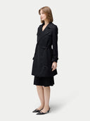 Women's Double Breasted Cashmere Trench Coat Black worn by model side view on white background