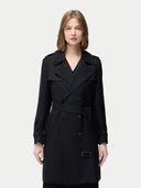Women's Double Breasted Cashmere Trench Coat Black worn by model detail view on white background