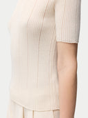 Women's Lace-Knit Cashmere Silk Top Whisper White  worn by model, detail view on white backround