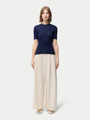 Women's Lace-Knit Cashmere Silk Top Mood Indigo  worn by model, front view on white backround