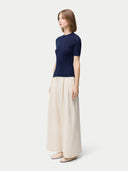 Women's Lace-Knit Cashmere Silk Top Mood Indigo  worn by model, side view on white backround