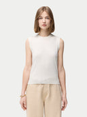 Women's Cashmere Silk Sleeveless Top Whisper White worn by model, detail view on white backround