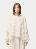 Women's Fringed Sleeve Cashmere Poncho White worn by model, detail view on white background
