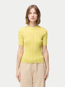 Women's Lace-Knit Cashmere Silk Top Blazzing Yellow worn by model, detail view on white backround