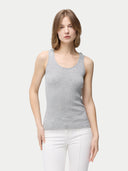 Women's Lightweight Cashmere Silk Tank Top Vapor Blue worn by model,detail view on white backround