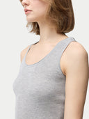 Women's Lightweight Cashmere Silk Tank Top Vapor Blue worn by model,detail view on white backround