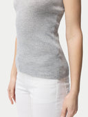 Women's Lightweight Cashmere Silk Tank Top Vapor Blue worn by model,detail view on white backround