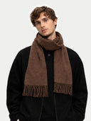 Cashmere Fringed Scarf Cocoa  worn by model, detail view on white background