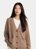Women's Relaxed-Fit Cashmere Cardigan Taupe  worn by model, detail view on white background