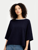 Women's Navy Cashmere  Knitted Poncho worn by model, detail view, on white background