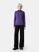 Women's Grape Jam Cashmere Crewneck Sweater worn by model, front view on white background