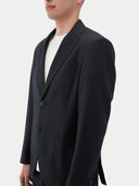Men's Black single-breasted cashmere blazer worn by model, detail view on white background
