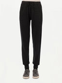 Women's Cashmere Cuffed Jogger Charcoal worn by model, detail view on white background
