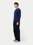Men's Cashmere Silk Blend Polo-Neck Cardigan Navy worn by model, side view on white background