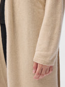 Women's Long Maternity Cashmere Robe Beige worn by model, detail view on white background