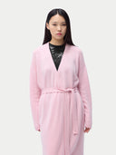 Women's Long Maternity Cashmere Robe Pink worn by model, detail view on white background