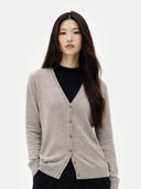 Women's Grey Cashmere V-Neck Cardigan worn by model, detail view on white background