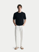 Men's Black Cashmere Silk Double-Collar T-Shirt worn by model, front view on white background