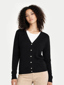 Women's Black Cashmere  V-Neck  Cardigan  worn by model, detail view on white background