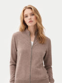 Women's Taupe Cashmere Full-Zip Cardigan worn by model, detail view on white background