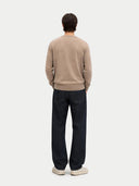 Men's Taupe Cashmere V-neck Cardigan worn by model, back view on white background