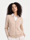 Women's Beige Cashmere Full-Zip Cardigan worn by model, detail view on white background