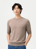 Men's Silk Cashmere Crew Neck T-Shirt Taupe worn by model, detail view on white background