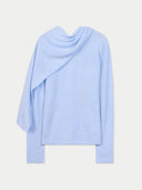 Women's Light Blue Cashmere Sweater with Draped Scarf  detail view on white background