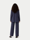 Women's Crown Blue  Wide-Leg Ajour Knit Cashmere Pants worn by model, back view on white background