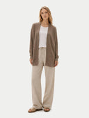 Women's Ajour Knit Open-Front Cashmere Cardigan Taupe  worn by model, front view on white background