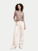 Women's  C-Neck  Cashmere Sweater Taupe worn by model, front view on white background