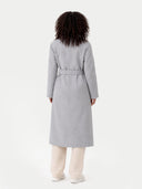 Women's Double Cashmere Breasted Long Coat Vapor Blue worn by model back view on white background