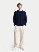 Men's Navy Crewneck Cashmere Sweater worn by model, front view on white background