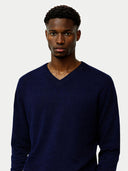 Men's Navy Cashmere V-Neck Sweater  worn by model, detail view on white background