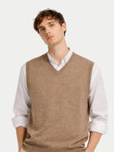 Men's Taupe  Cashmere Vest worn by model, detail view on white background