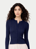 Women's Hidden Button-Front Cashmere Silk Cardigan Navy  worn by model, detail view on white background