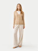 Women's Beige Cashmere  V-Neck  Cardigan  worn by model, front view on white background