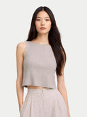 Women's Cashmere Crop Top Dawn Blue worn by model, detail view on white backround