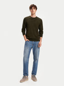 Men's Cocoa Crewneck Cashmere Sweater worn by model, front view on white background