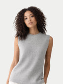 Ajour Knit Crewneck Cashmere Vest High Rise worn by model, detail view on white backround