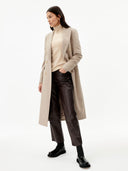 Women's Cashmere Peak Lapel Long Coat Taupe worn by model detail view on white background