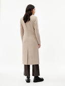 Women's Cashmere Peak Lapel Long Coat Taupe worn by model back view on white background