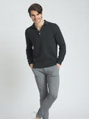 Men's Charcoal Cashmere Polo Sweater worn by model, front view on white background