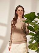 Women's Taupe Crewneck Cashmere Sweater worn by model, detail view on white background