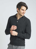 Men's Charcoal Cashmere Polo Sweater worn by model, detail view on white background